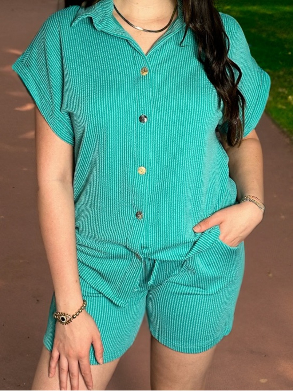 Turquoise Two-Piece Button-Up Short Set